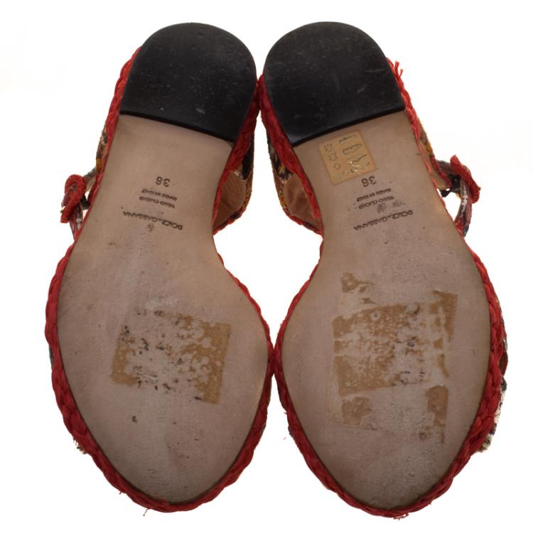 Pre Owned Dolce and Gabbana Red Printed Canvas And Raffia Cross Strap Flat Sandals Size 36