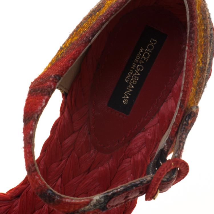 Pre Owned Dolce and Gabbana Red Printed Canvas And Raffia Cross Strap Flat Sandals Size 36