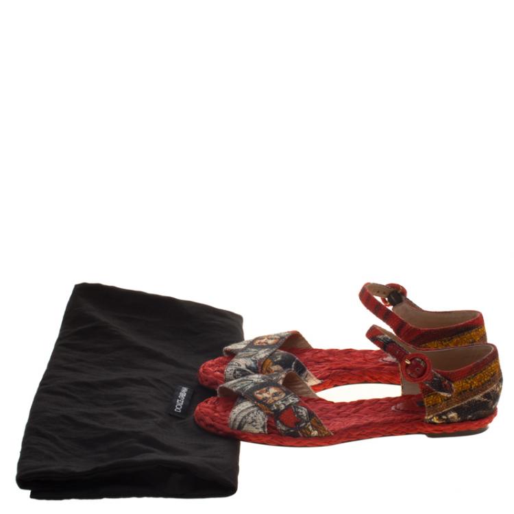 Pre Owned Dolce and Gabbana Red Printed Canvas And Raffia Cross Strap Flat Sandals Size 36