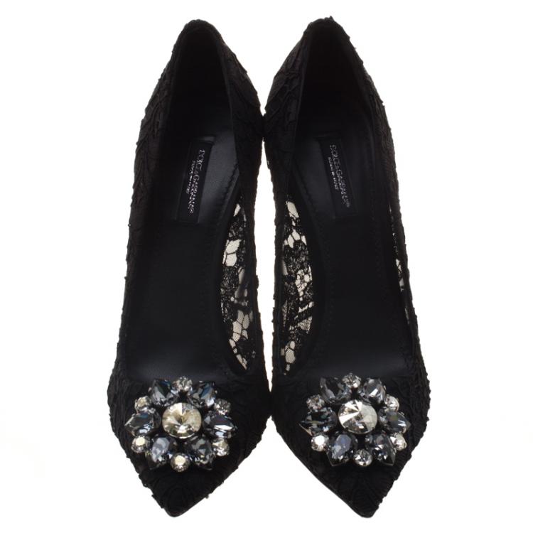 Pre Owned Dolce and Gabbana Black Crystal Embellished Lace Belluci Pumps Size 39