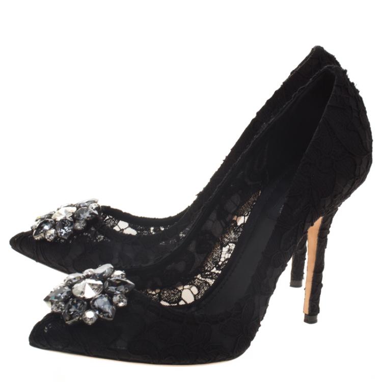 Pre Owned Dolce and Gabbana Black Crystal Embellished Lace Belluci Pumps Size 39