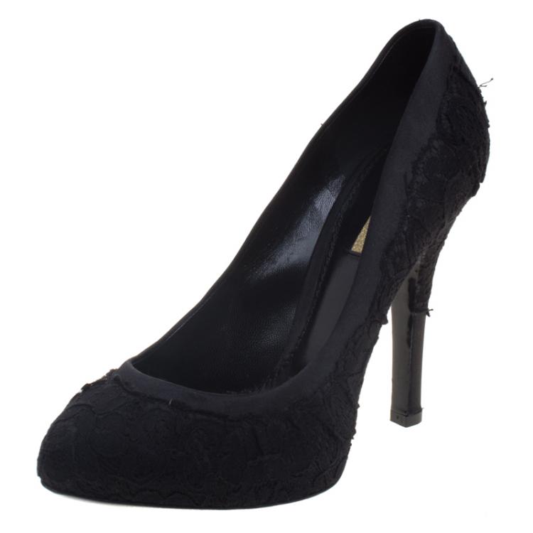 Pre Owned Dolce and Gabbana Black Satin And Lace Pumps Size 37.5