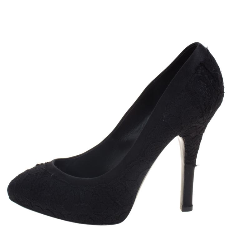Pre Owned Dolce and Gabbana Black Satin And Lace Pumps Size 37.5
