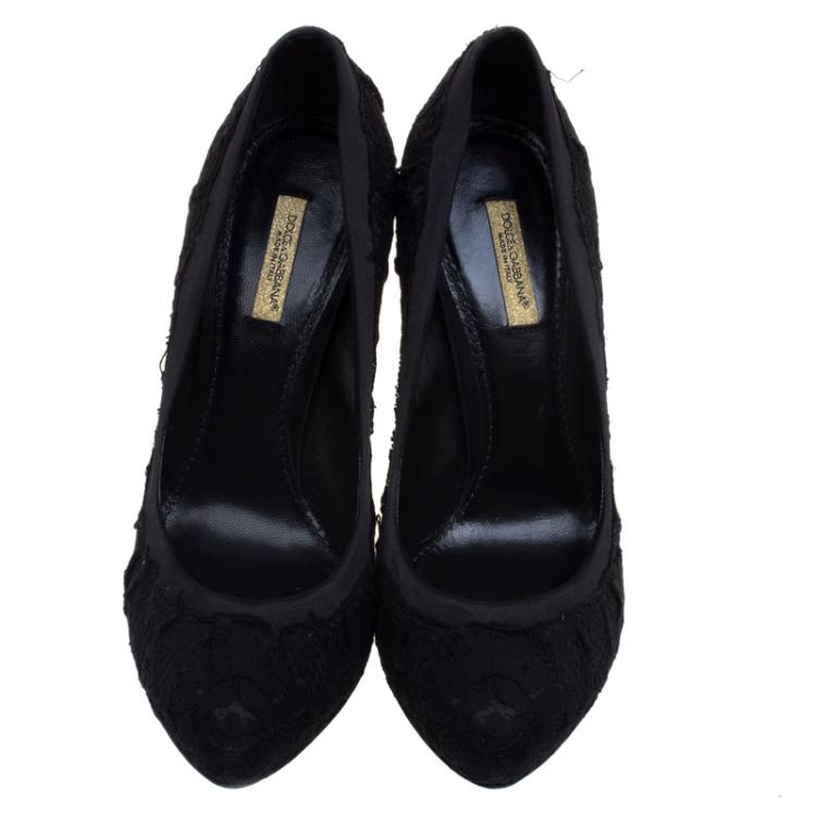 Pre Owned Dolce and Gabbana Black Satin And Lace Pumps Size 37.5