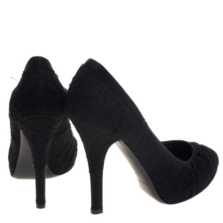 Pre Owned Dolce and Gabbana Black Satin And Lace Pumps Size 37.5