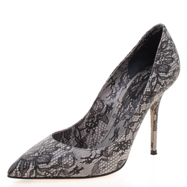 Pre Owned Dolce and Gabbana Black Chantilly Lace Printed Leather Pointed Toe Pumps Size 40