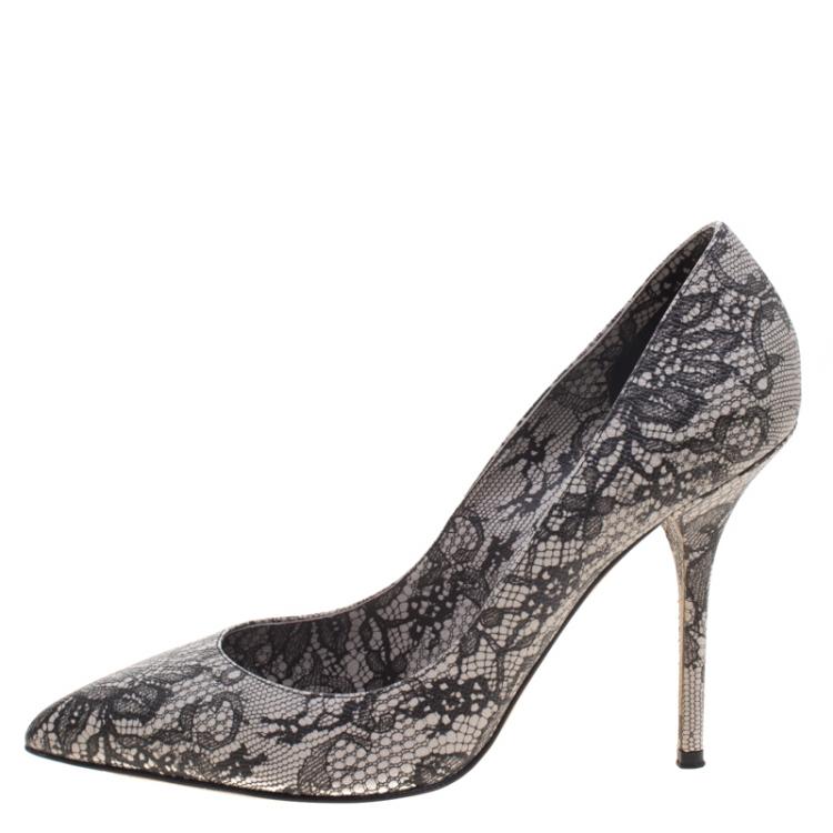Pre Owned Dolce and Gabbana Black Chantilly Lace Printed Leather Pointed Toe Pumps Size 40