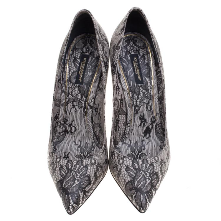 Pre Owned Dolce and Gabbana Black Chantilly Lace Printed Leather Pointed Toe Pumps Size 40
