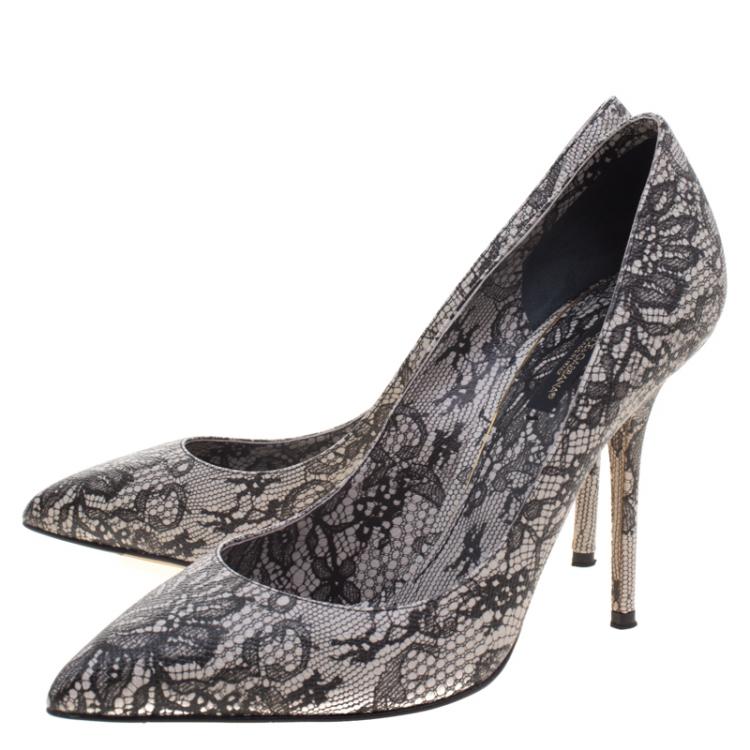 Pre Owned Dolce and Gabbana Black Chantilly Lace Printed Leather Pointed Toe Pumps Size 40