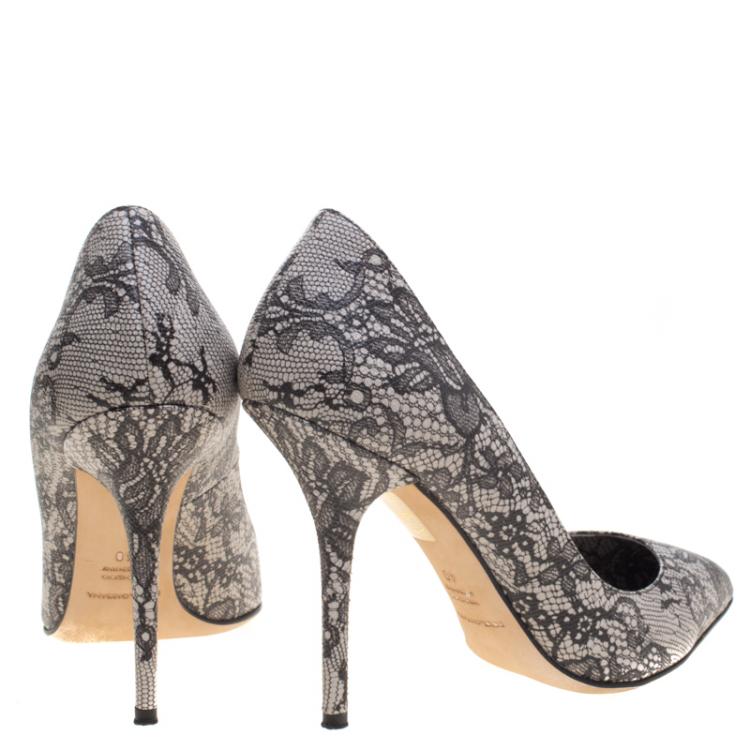 Pre Owned Dolce and Gabbana Black Chantilly Lace Printed Leather Pointed Toe Pumps Size 40