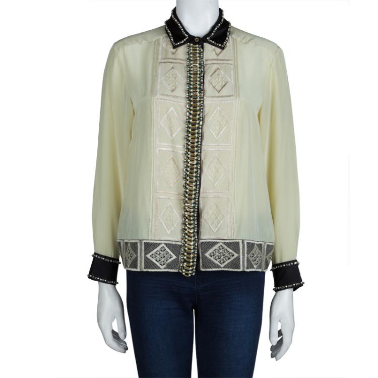 Pre Owned Dries Van Noten Cream Silk Embroidered Embellished Long Sleeve Shirt M