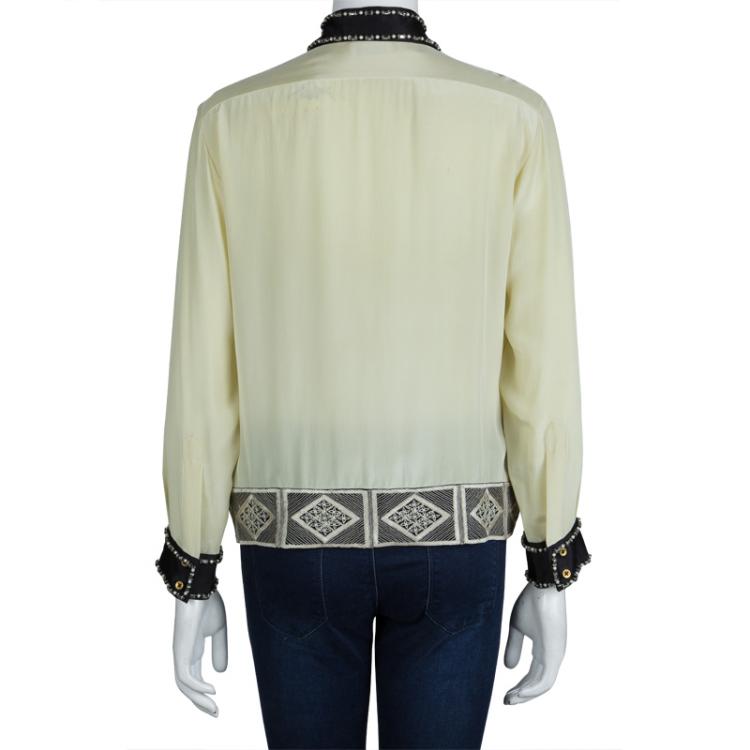 Pre Owned Dries Van Noten Cream Silk Embroidered Embellished Long Sleeve Shirt M