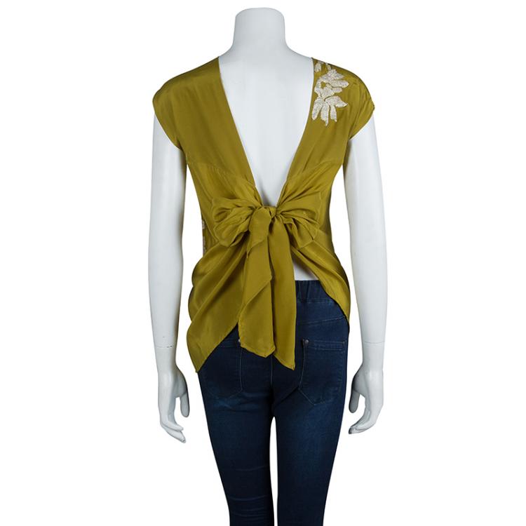 Pre Owned Dries Van Noten Olive Green Silk Embroidered Backless Sleeveless Top M