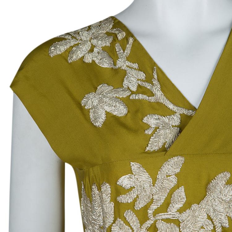 Pre Owned Dries Van Noten Olive Green Silk Embroidered Backless Sleeveless Top M