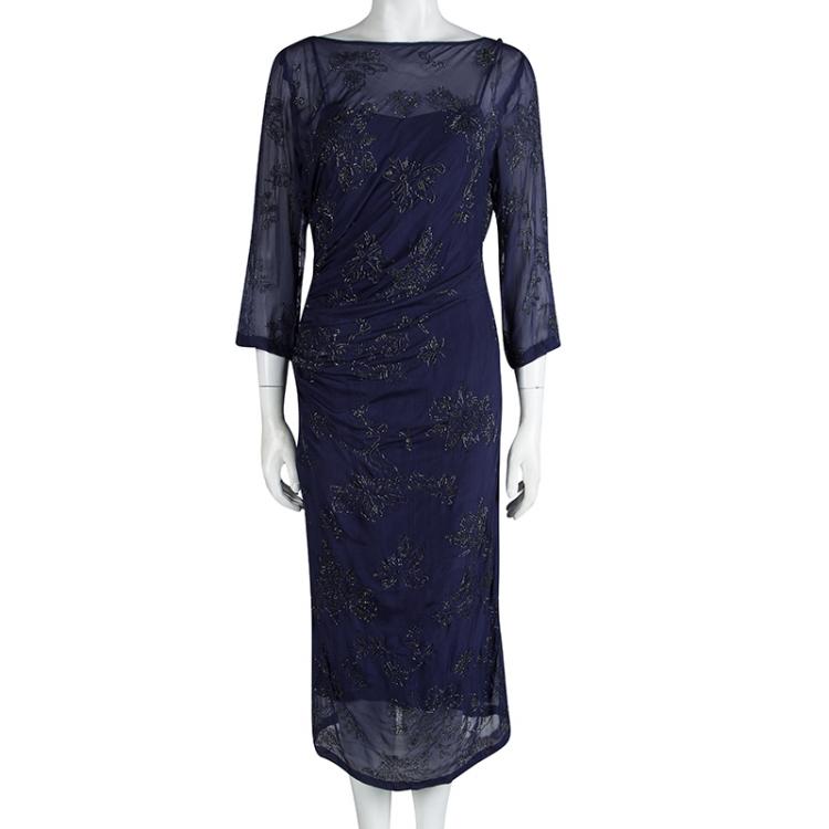 Pre Owned Dries Van Noten Navy Blue Embellished Draped Dress M