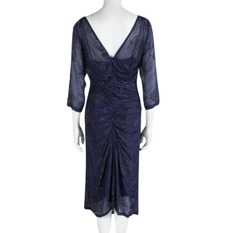 Pre Owned Dries Van Noten Navy Blue Embellished Draped Dress M