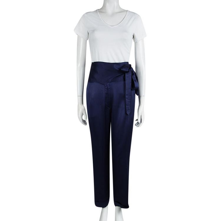 Pre Owned Dries van Noten Blue Satin Front Tie Detail Pants M