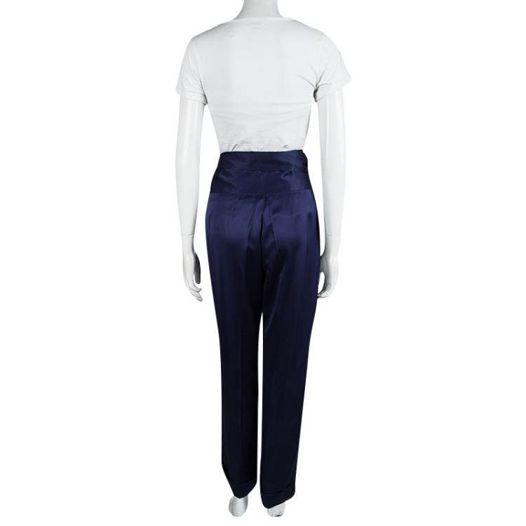 Pre Owned Dries van Noten Blue Satin Front Tie Detail Pants M