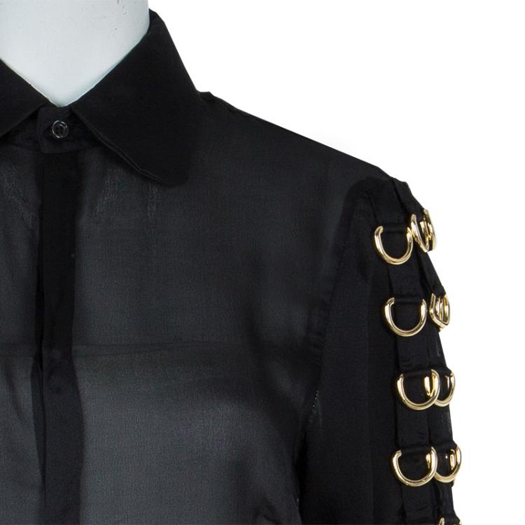 Pre Owned Dsquared2 Black Silk Gold D-Ring Embellishment Detail Sheer Blouse M