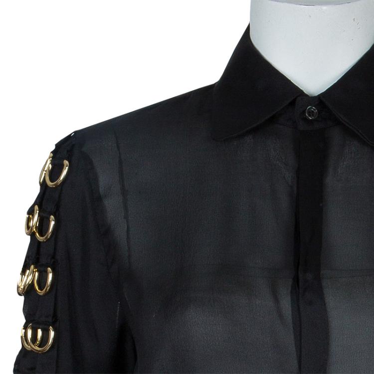 Pre Owned Dsquared2 Black Silk Gold D-Ring Embellishment Detail Sheer Blouse M