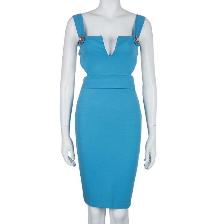 Pre Owned Dsquared2 Blue Knit Cutout Backless Embellished Sleeveless Dress M