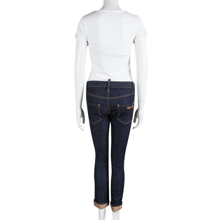 Pre Owned Dsquared2 Blue Dark Wash Denim Cropped Metallic Hem Jeans S