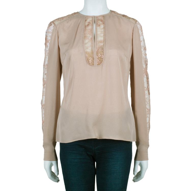 Pre Owned Elie Saab Nude Silk Lace-Detail Full Sleeve Top M