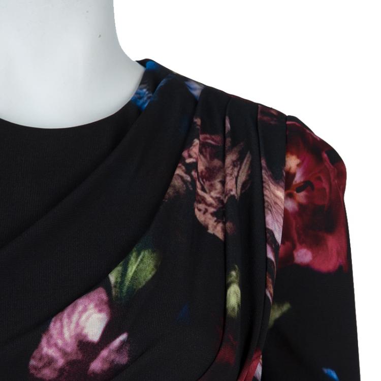 Pre Owned Elie Saab Black Floral Print Dress M