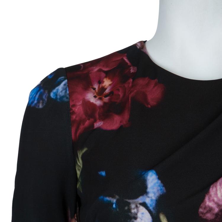 Pre Owned Elie Saab Black Floral Print Dress M