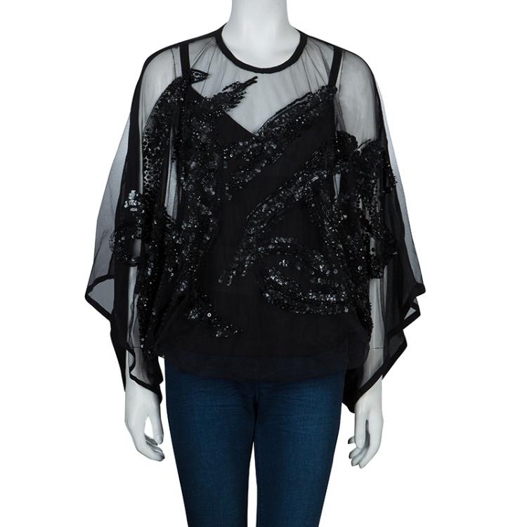 Pre Owned Elie Saab Black Mesh Overlay Sequin Embellished Top M