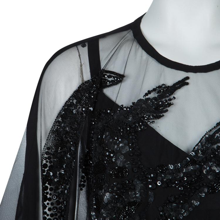 Pre Owned Elie Saab Black Mesh Overlay Sequin Embellished Top M