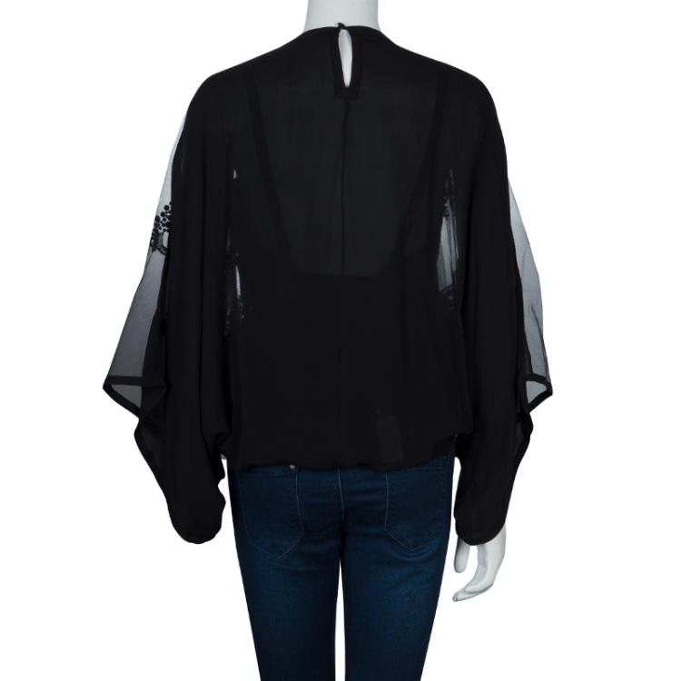 Pre Owned Elie Saab Black Mesh Overlay Sequin Embellished Top L