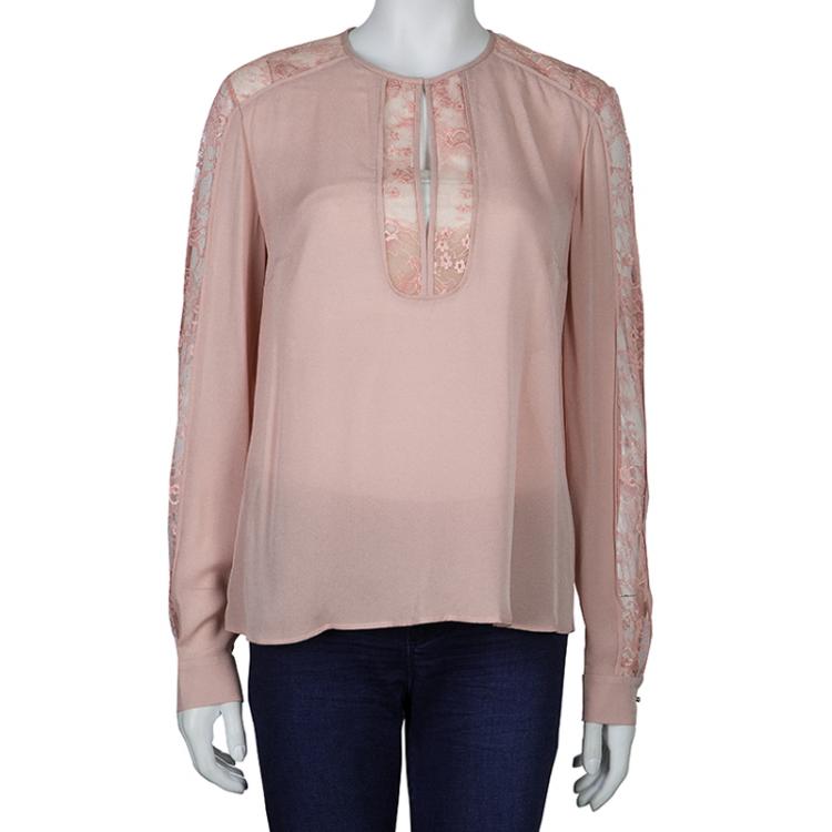 Pre Owned Elie Saab Blush Pink Lace Detail Long Sleeve Silk Blouse M