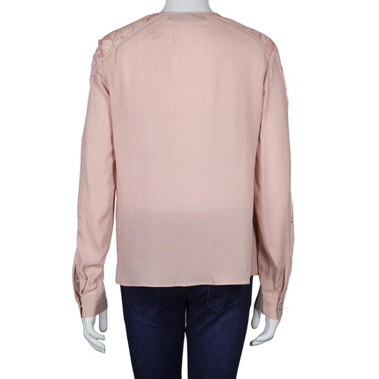 Pre Owned Elie Saab Blush Pink Lace Detail Long Sleeve Silk Blouse M