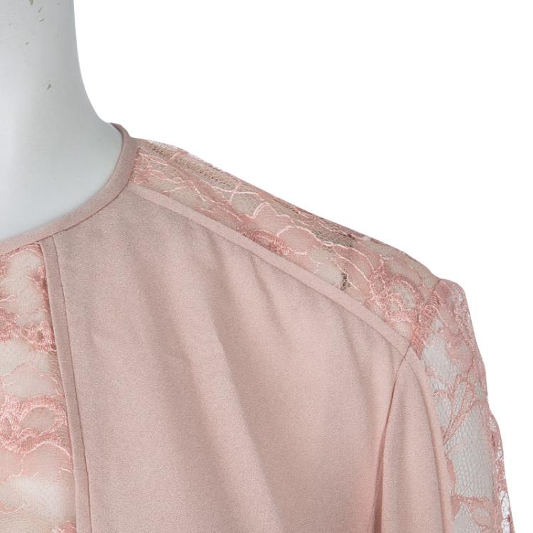 Pre Owned Elie Saab Blush Pink Lace Detail Long Sleeve Silk Blouse M