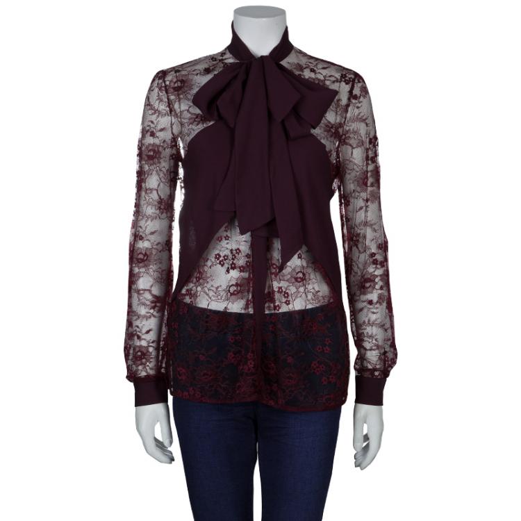 مملوكة مسبقًا Elie Saab Burgundy Lace Neck Tie Detail Long Sleeve Blouse M