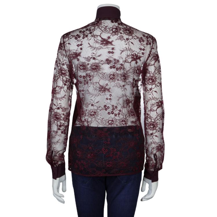 مملوكة مسبقًا Elie Saab Burgundy Lace Neck Tie Detail Long Sleeve Blouse M