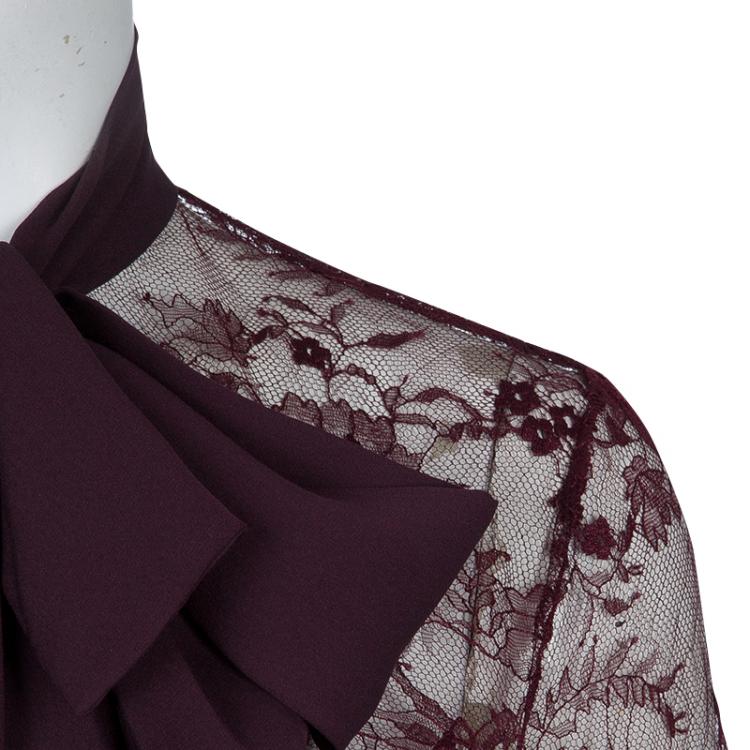 مملوكة مسبقًا Elie Saab Burgundy Lace Neck Tie Detail Long Sleeve Blouse M