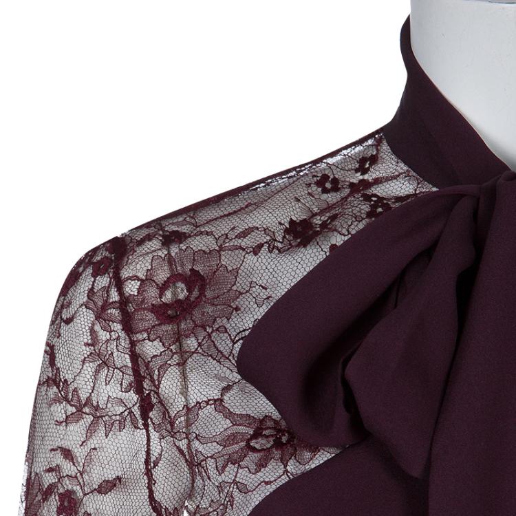 مملوكة مسبقًا Elie Saab Burgundy Lace Neck Tie Detail Long Sleeve Blouse M