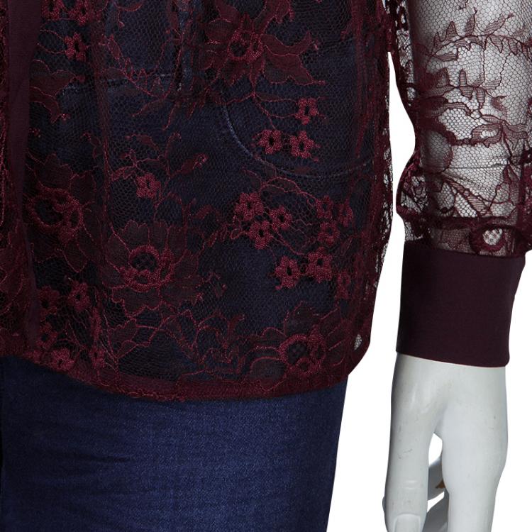 مملوكة مسبقًا Elie Saab Burgundy Lace Neck Tie Detail Long Sleeve Blouse M
