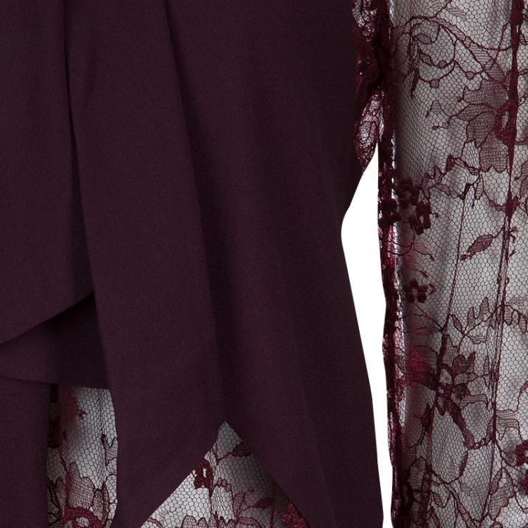 مملوكة مسبقًا Elie Saab Burgundy Lace Neck Tie Detail Long Sleeve Blouse M