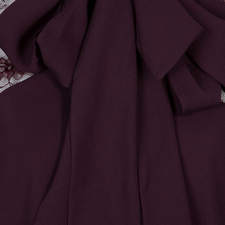 مملوكة مسبقًا Elie Saab Burgundy Lace Neck Tie Detail Long Sleeve Blouse M