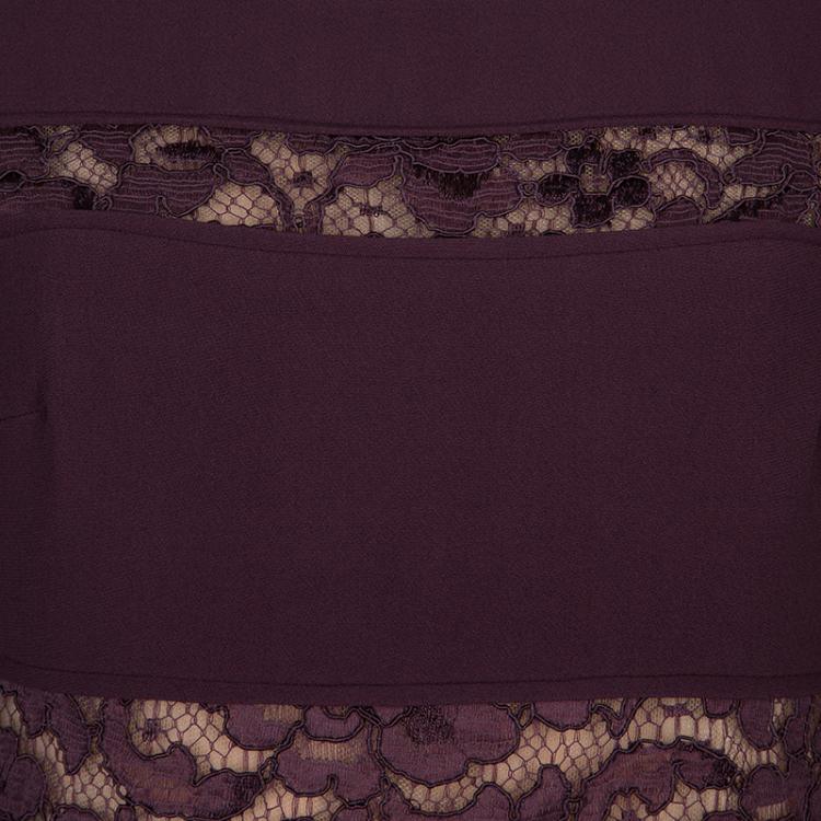 Pre Owned Elie Saab Burgundy Lace Detail Long Sleeve Belted Jumpsuit M