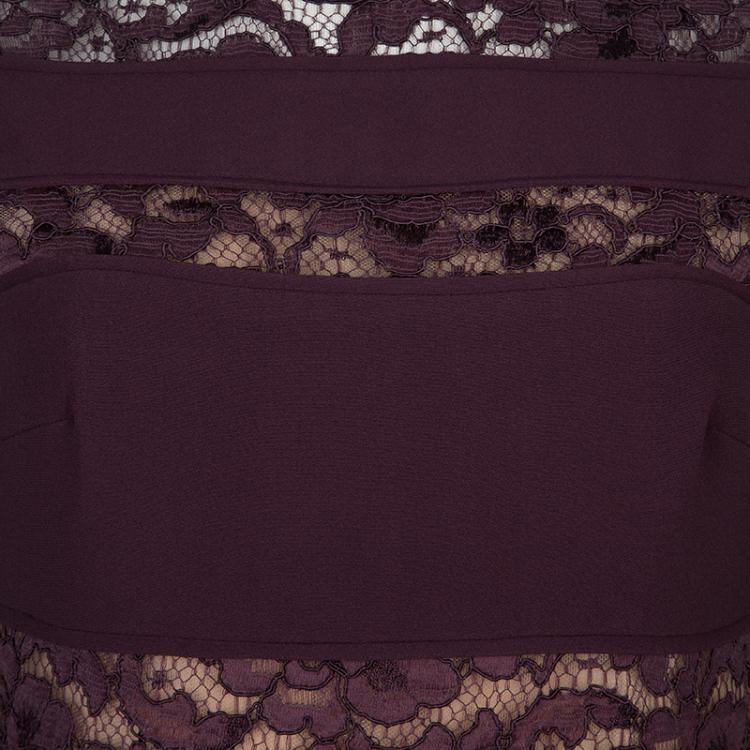 Pre Owned Elie Saab Burgundy Lace Detail Long Sleeve Belted Jumpsuit S