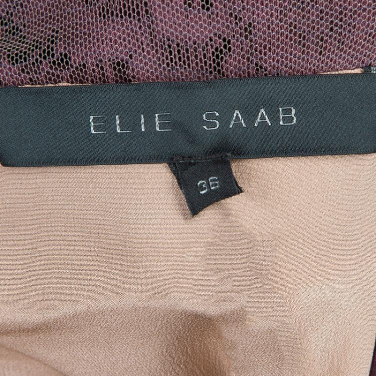 Pre Owned Elie Saab Burgundy Lace Detail Long Sleeve Belted Jumpsuit S