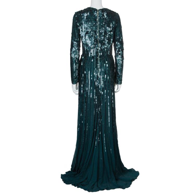 Pre Owned Elie Saab Deep Green All Over Sequin Embellished Long Sleeve Gown M
