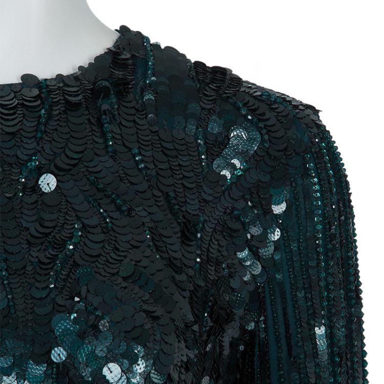 Pre Owned Elie Saab Deep Green All Over Sequin Embellished Long Sleeve Gown M