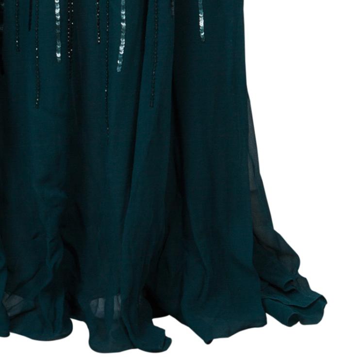 Pre Owned Elie Saab Deep Green All Over Sequin Embellished Long Sleeve Gown M