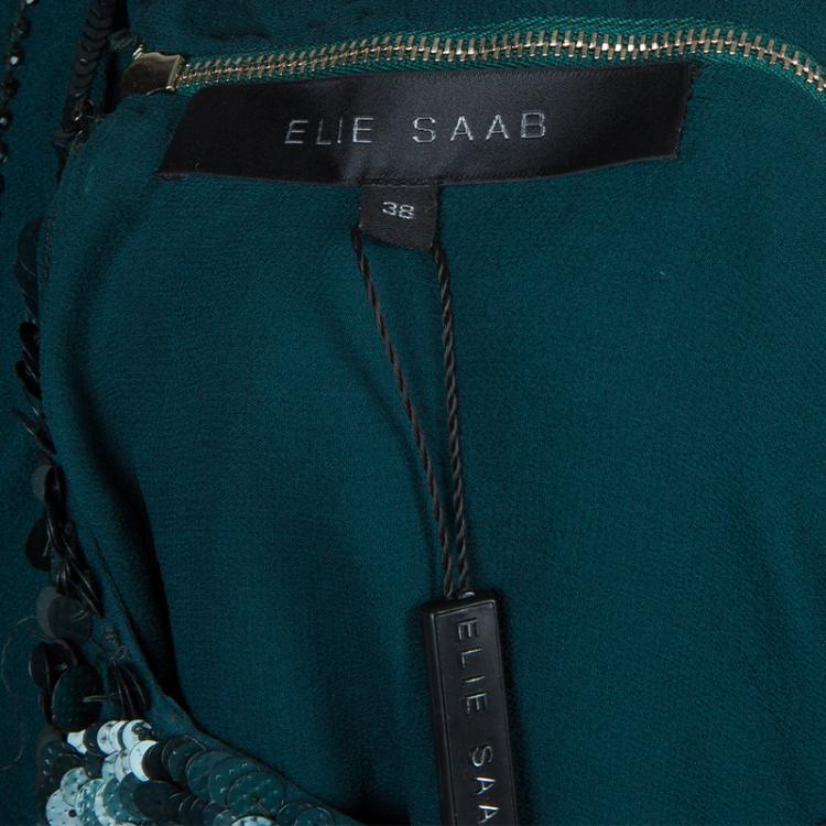 Pre Owned Elie Saab Deep Green All Over Sequin Embellished Long Sleeve Gown M