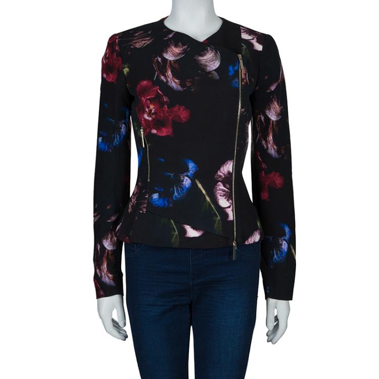 Pre Owned Elie Saab Black Floral Print Zip Detail Jacket S